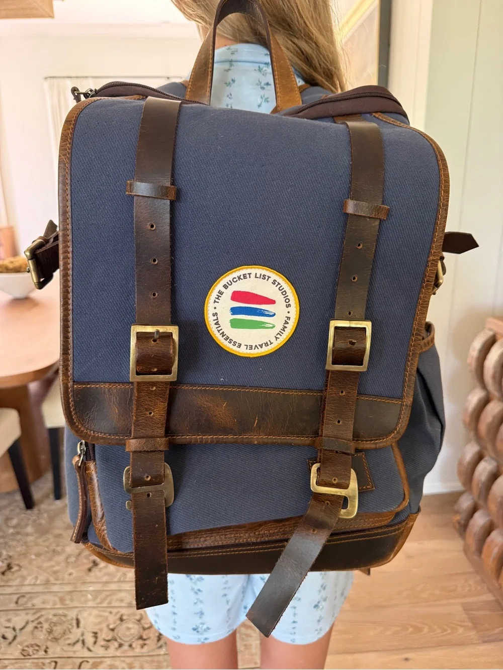 Bucket List Family Authentic Canvas and Leather Backpack - Navy with Brown Trim